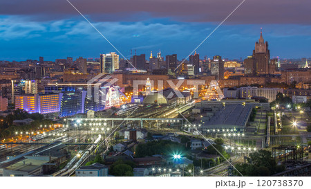 Panoramic view to Kiev Railway Station night to day timelapse and modern city in Moscow, Russia 120738370