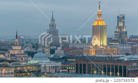 Evening top view of three railway stations day to night timelapse at the Komsomolskaya square in Moscow, Russia 120738378