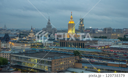 Evening top view of three railway stations day to night timelapse at the Komsomolskaya square in Moscow, Russia 120738379