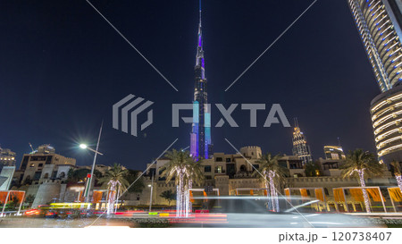 View on modern skyscrapers and busy evening road timelapse hyperlapse in luxury Dubai city, Dubai downtown, United Arab Emirates 120738407