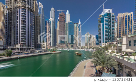 Panoramic view with modern skyscrapers and yachts of Dubai Marina timelapse hyperlapse, United Arab Emirates 120738431