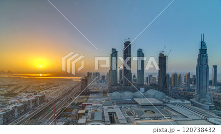 Dubai downtown with sunrise timelapse. Top view from above 120738432