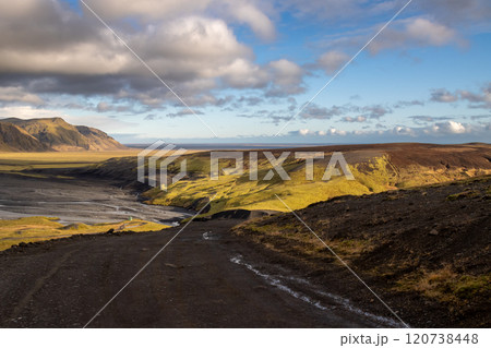 Mountains and landscape in Katla geopark, Iceland 120738448