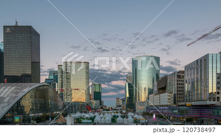 The stunning Defence Parisian business district bristling with skyscrapers day to night timelapse. The stunning Defence Parisian business district bristling with skyscrapers day to night timelapse. 120738497