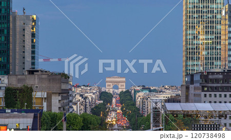 View from above in Defense business district to the Arc de Triumph day to night timelapse, Paris, France 120738498