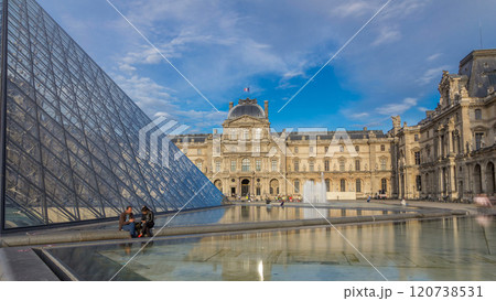 The large glass pyramid and the main courtyard of the Louvre Museum timelapse hyperlapse. Paris, France The large glass pyramid and the main courtyard of the Louvre Museum timelapse hyperlapse. Paris, France 120738531