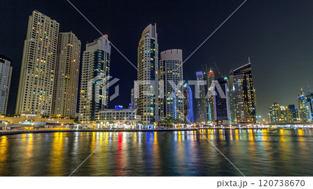 Dubai Marina towers and canal in Dubai night timelapse hyperlapse Dubai Marina towers and canal in Dubai night timelapse hyperlapse 120738670