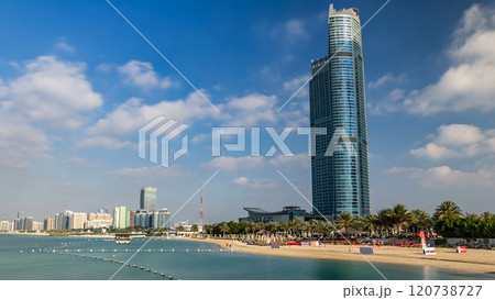 Cityscape of Abu Dhabi timelapse hyperlapse at Persian Gulf, UAE. 120738727