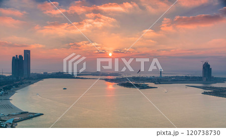 Top view of Abu Dhabi Skyline at sunset timelapse, United Arab Emirates Top view of Abu Dhabi Skyline at sunset timelapse, United Arab Emirates 120738730