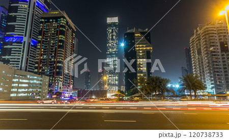 Downtown Dubai towers night timelapse hyperlapse. View of Sheikh Zayed road with tall skyscrapers. Downtown Dubai towers night timelapse hyperlapse. View of Sheikh Zayed road with tall skyscrapers. 120738733