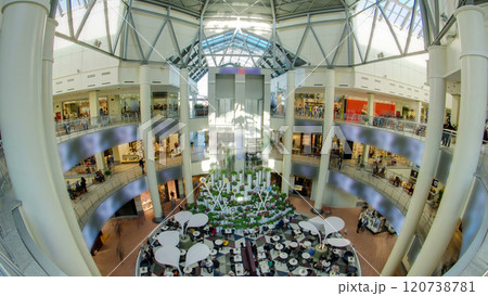 Many shops in multi-level department store or shopping mall timelapse hyperlapse. 120738781