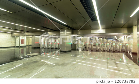Interior of a modern subway station with turnstile timelapse hyperlapse Interior of a modern subway station with turnstile timelapse hyperlapse 120738792