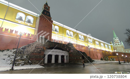 Grotto Ruins in Alexander Garden winter night timelapse hyperlapse, Moscow, Russia 120738804