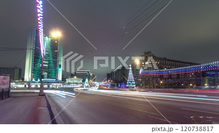 Buildings at New Arbat Street winter night timelapse. New Arbat is located in the central part of Moscow 120738817
