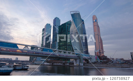 Skyscrapers International Business Center City day to night timelapse hyperlapse, Moscow, Russia 120738927