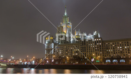 Night view of the Kotelnicheskaya Embankment Building hyperlapse in Moscow timelapse, Russia. Night view of the Kotelnicheskaya Embankment Building hyperlapse in Moscow timelapse, Russia. 120738941