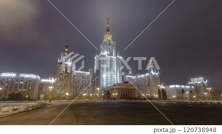 The Main Building Of Moscow State University On Sparrow Hills At Winter timelapse hyperlapse at Night The Main Building Of Moscow State University On Sparrow Hills At Winter timelapse hyperlapse at Night 120738948