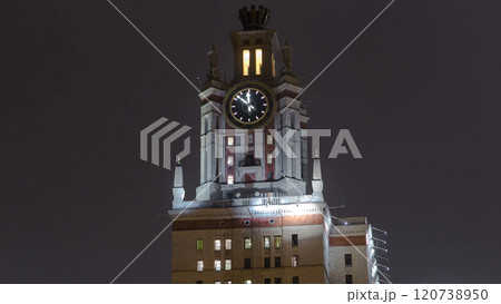 The Main Building Of Moscow State University On Sparrow Hills At Winter timelapse hyperlapse at Night The Main Building Of Moscow State University On Sparrow Hills At Winter timelapse hyperlapse at Night 120738950