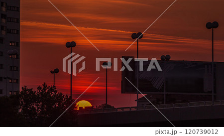 Sunrise near Donaustadt Danube City modern quarter with skyscrapers and business centres timelapse in Vienna, Austria. 120739012