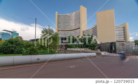 Donaustadt Danube City timelapse hyperlapse is a modern quarter with skyscrapers and business centres in Vienna, Austria. 120739015