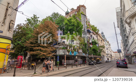 The Hundertwasserhaus apartment block timelapse hyperlapse in Vienna, Austria 120739016