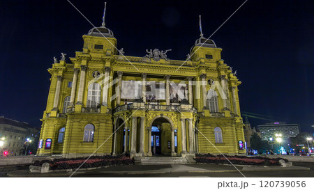 The building of the Croatian National Theater night timelapse hyperlapse. Croatia, Zagreb. 120739056
