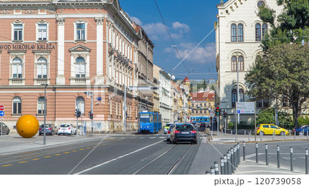 Street near new building of Croatian Music Academy timelapse in Zagreb, Croatia. 120739058