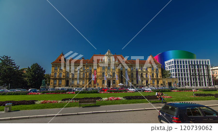 A view of the Museum of Arts and Crafts timelapse hyperlapse in Zagreb during the day. Croatia 120739062