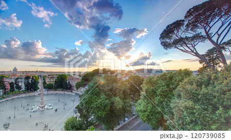 Aerial view of the large urban square, the Piazza del Popolo timelapse, Rome at sunset 120739085