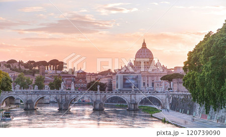 St. Peter's Basilica, Saint Angelo Bridge and Tiber River in the sunset timelapse St. Peter's Basilica, Saint Angelo Bridge and Tiber River in the sunset timelapse 120739090