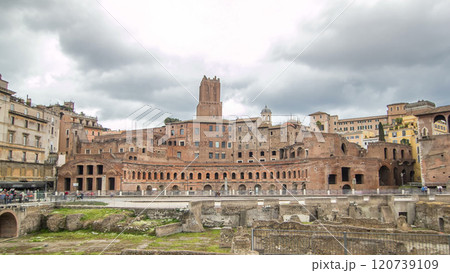 A panoramic view on Trajan's Market timelapse hyperlapse on the Via dei Fori Imperiali, in Rome, Italy 120739109