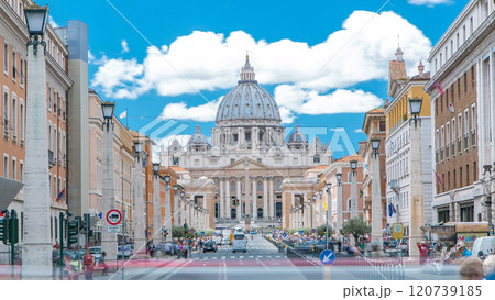 Vatican timelapse: St. Peter's Basilica in Vatican City State view from Via della Conciliazione, Road of the Conciliation. Vatican timelapse: St. Peter's Basilica in Vatican City State view from Via della Conciliazione, Road of the Conciliation. 120739185