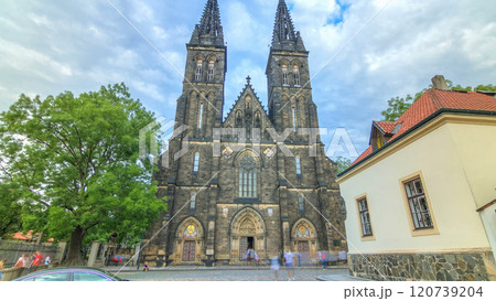 Neo-Gothic Saint Peter and Paul Cathedral timelapse hyperlapse in Vysehrad fortress, Prague. 120739204