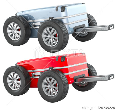 Suitcases with car wheels. Red and silver color. Travel and tourism concept, 3D rendering 120739220