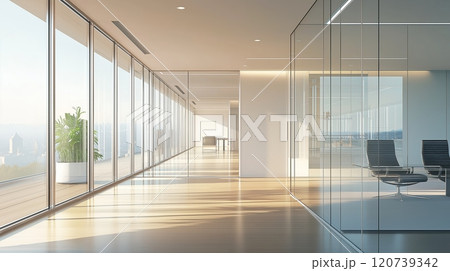 Modern interior with glass walls and windows 120739342