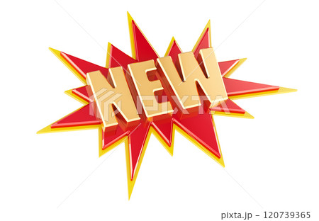 New golden inscription on red starburst, 3D rendering 120739365