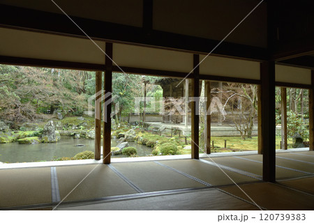 書院から臨む雨の蓮華寺　池泉庭園(京都市北区) 120739383