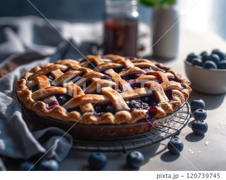 Traditional homemade american blueberry pie. Generative AI 120739745