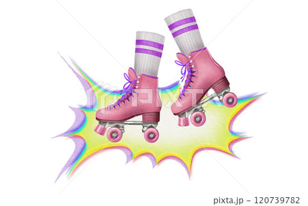 Roller skates in retro style in pink acid color with purple shoe laces with white socks and purple stripes on comics yellow background as a symbol of 80s 90s.Watercolor illustration isolated on white 120739782