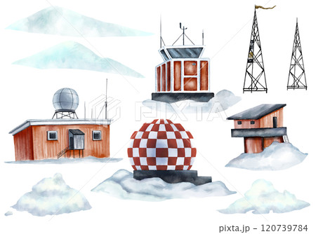 Set of meteorological stations in the South Pole. Watercolor clipart. Can be used for educational materials, scientific publications, weather forecasting apps or websites, and climate change campaigns Set of meteorological stations in the South Pole. Watercolor clipart. Can be used for educational materials, scientific publications, weather forecasting apps or websites, and climate change campaigns 120739784