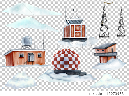 Set of meteorological stations in the South Pole. Watercolor clipart. Can be used for educational materials, scientific publications, weather forecasting apps or websites, and climate change campaigns Set of meteorological stations in the South Pole. Watercolor clipart. Can be used for educational materials, scientific publications, weather forecasting apps or websites, and climate change campaigns 120739784