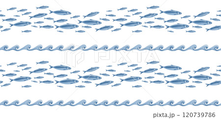 Sardine fish and a stylized ocean wave in seamless pattern swimming in a shoal watercolor illustration on a transparent background for fish restaurants,websites,posters,fish markets and stores 120739786