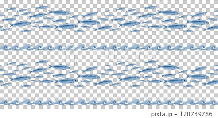 Sardine fish and a stylized ocean wave in seamless pattern swimming in a shoal watercolor illustration on a transparent background for fish restaurants,websites,posters,fish markets and stores 120739786