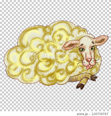 illustration of a silly sheep. Relaxed sheep in a warm yellow. Can be use on greeting cards or stickers, ceramics or apparel. Meme featuring a sheep. Youthful artwork showcasing a farm animal 120739787