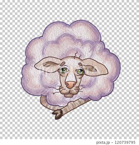 Old cartoon sheep. Illustration of a lilac lying sheep. Cartoon character for creating a postcard, sticker. Print on a cup or T-shirt. Meme with a sheep. Children's drawing of animals from the farm. 120739795