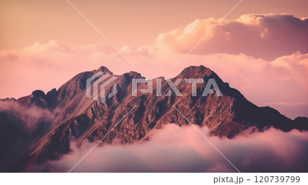 Beautiful top of mountain surrounded by clouds. Generative AI 120739799