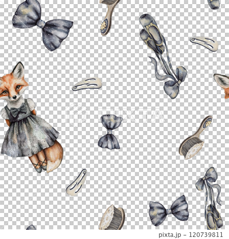 Seamless pattern. Fox-girl and girly accessories. Printing wallpaper and fabric for a girl's room. For bed linen, curtains, fabric for sewing clothes. For printing gift paper, website background, etc. 120739811