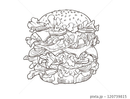 Giant burger tower with multiple layers of patty, cheese, lettuce, and tomato on a white background. Can be used for restaurant or snack bar advertisements, food blogs, menus, or social media posts. Giant burger tower with multiple layers of patty, cheese, lettuce, and tomato on a white background. Can be used for restaurant or snack bar advertisements, food blogs, menus, or social media posts. 120739815