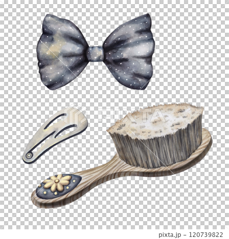 Hair accessories for girls: bow, hairpin, and brush in victorian style. Can be used for beauty or fashion branding, packaging design, or illustration for a blog or magazine about hair care and styling 120739822