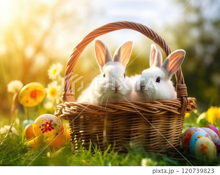 Little Bunny In Basket With Decorated Easter Eggs. Easter concept. Generative AI 120739823